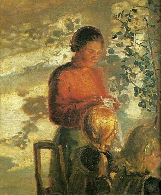 Anna Ancher to smapiger far undervisning i syning oil painting picture